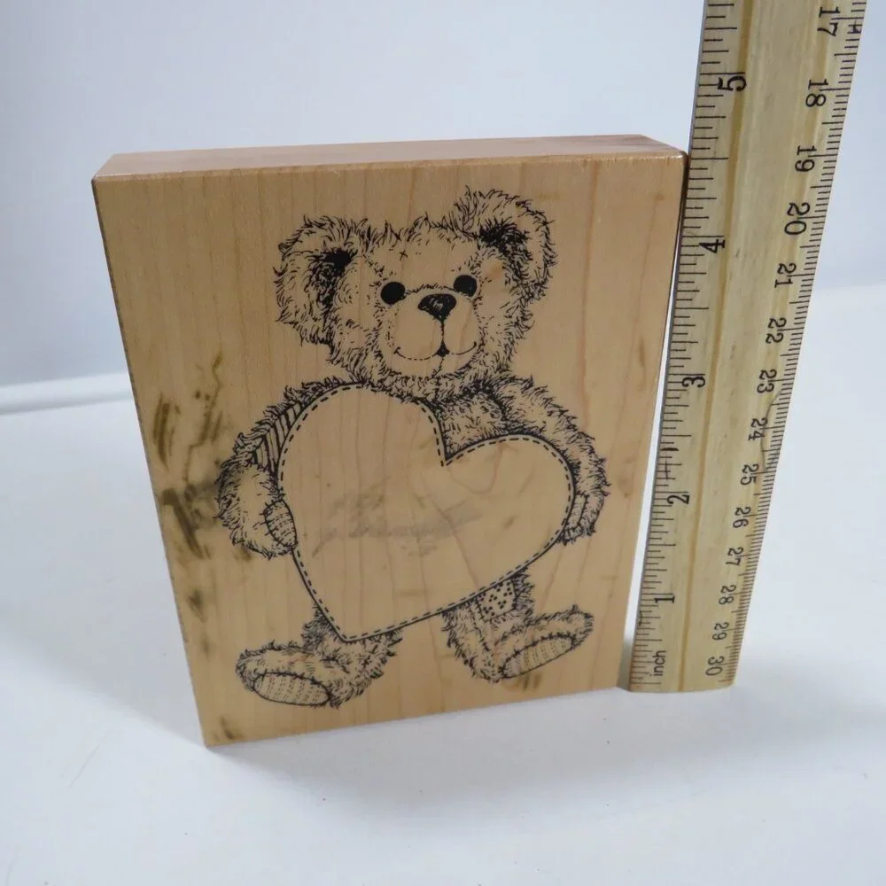 Teddy Bear with stitched Heart Wooden Rubber Stamp NEW